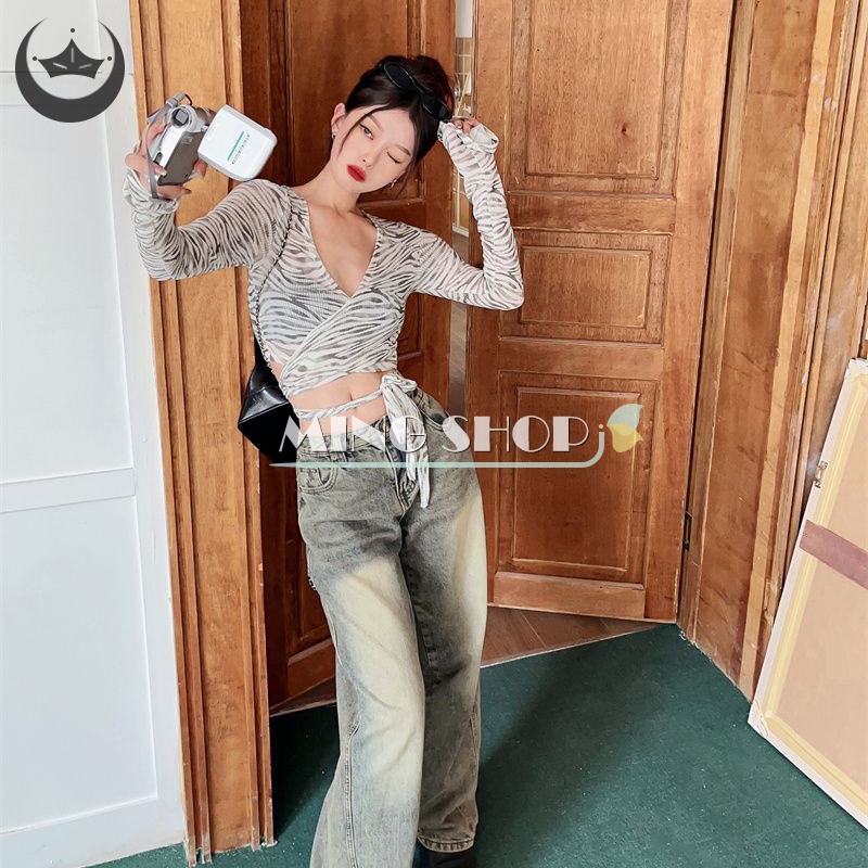 Áo Croptop Tay Dài Cổ Chữ V Màu Nhuộm Dáng Ôm Thời Trang Mùa Hè Dành Cho Nữ