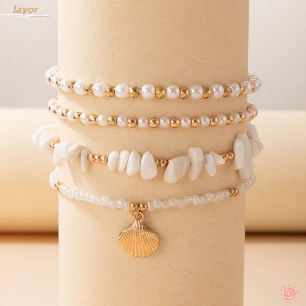 LAY Lắc Chân Xỏ Hạt Đá Nhiều Lớp Phong Cách Bohemia Cho Nữ