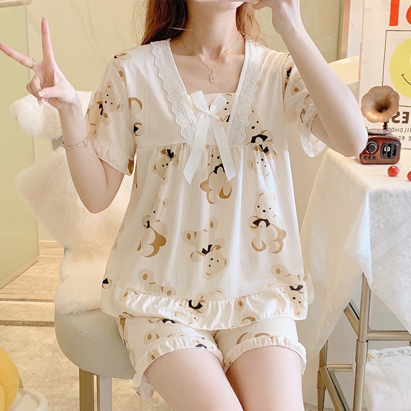 Bộ đồ ngủ nữ dễ thương in hình mùa hè băng lụa lụa cổ Chữ v hoạt hình dễ thương rời sinh viên cô gái nhà dịch vụ phù hợp với