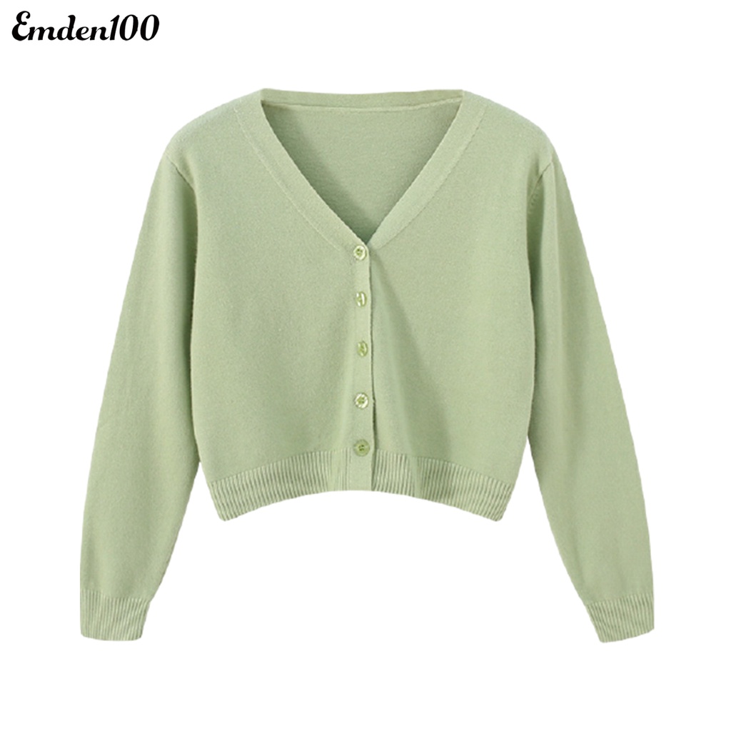 [EMDEN] Áo Khoác Cardigan Dệt Kim Ngắn Cổ Chữ V Tay Dài Màu Trơn Cài Nút Cho Nữ