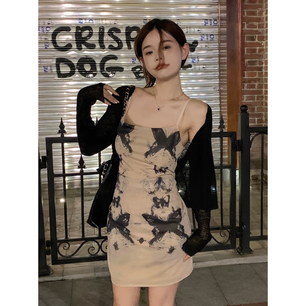 SUXI Đầm Hai Dây Ôm Dáng Họa Tiết Màu Nhuộm Thắt Nơ Phong Cách Hàn Quốc Quyến Rũ