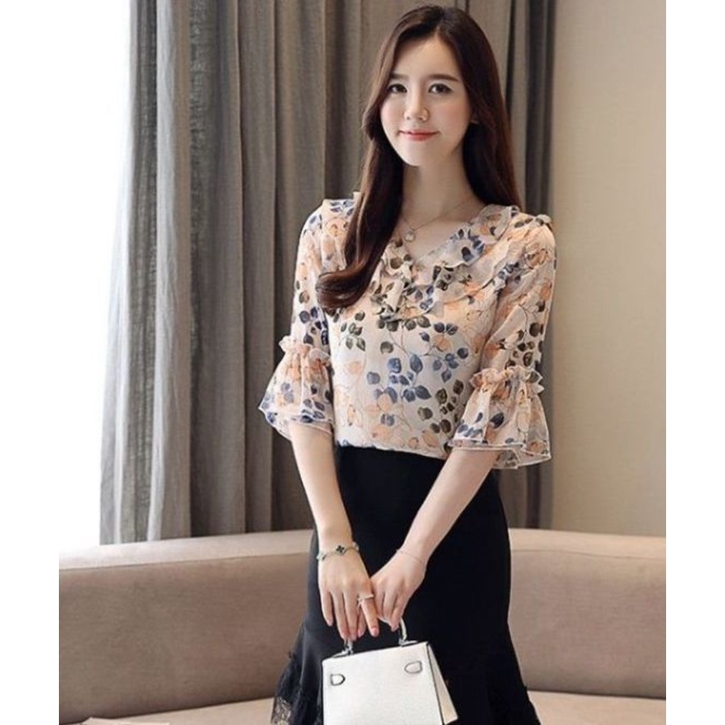 Áo Sơ Mi Công Sở Cổ Chữ V Phối Bèo In Họa Tiết Thời Trang Cho Nữ