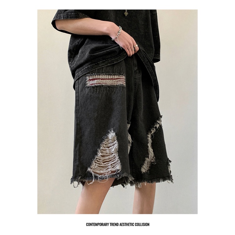 Quần Short Denim Rách Phong Cách Hip Hop Đường Phố Cho Nam