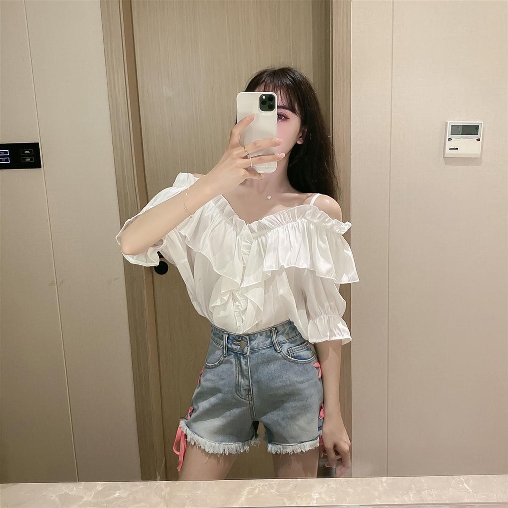 One Áo Voan Tay Ngắn Cổ Chữ v Hở Vai Màu Trắng Thời Trang Mùa Hè Dành Cho Nữ