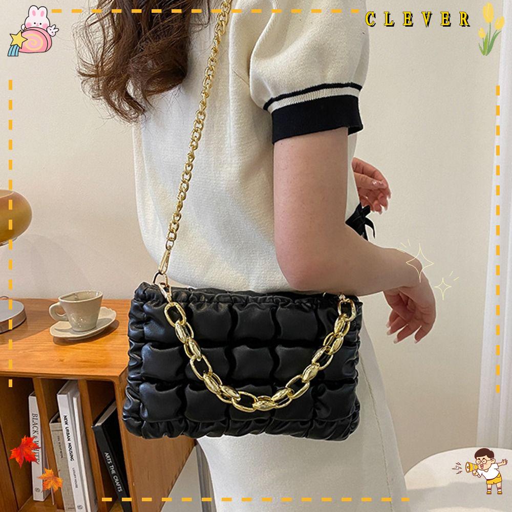 CLEVER Túi Tote Xách Tay Đeo Vai Bằng Cotton Nhồi Bông Kẻ Sọc Caro Gọn Nhẹ Thời Trang Cho Nữ