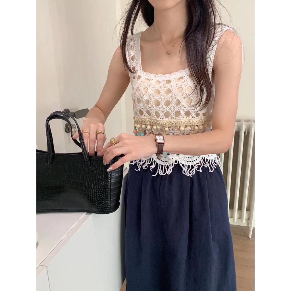 Áo Dệt Kim Không Tay Cổ Vuông Phối Tua Rua Phong Cách Retro Dành Cho Nữ