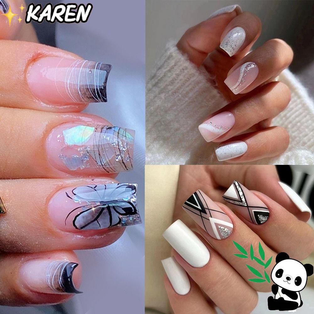 KAREN Set 24 Móng Tay Giả Có Thể Tháo Rời Viền Trắng
