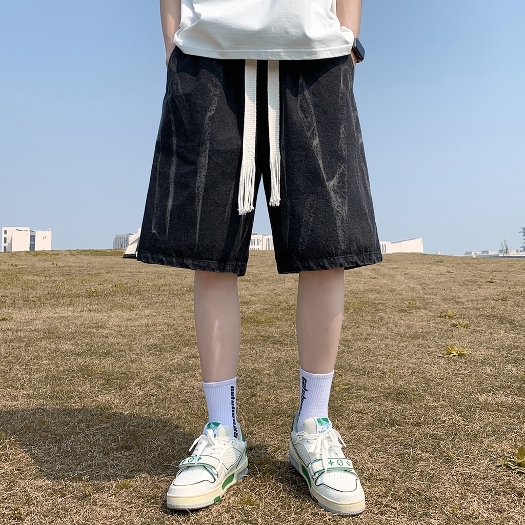 Quần Short Denim Dáng Suông Ống Đứng Màu Nhuộm Cá Tính Thời Trang Phong Cách Hồng Kông Cho Nam