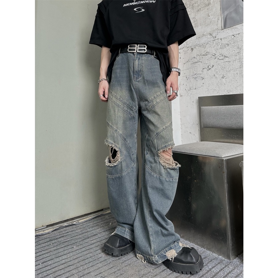 Niche Quần Jean Rách Dáng Suông Phong Cách Retro Đường Phố Cao Cấp Hợp Thời Trang Cho Nam