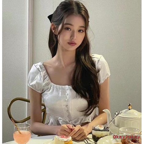 Áo Croptop Ngắn Tay Màu Trơn Cài Nút Thời Trang Cho Nữ