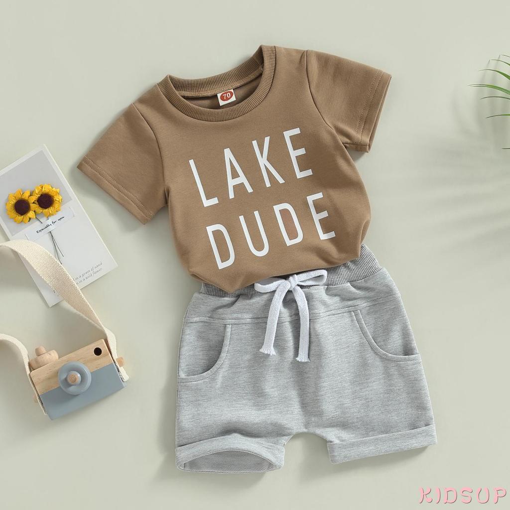 Set Áo Thun Tay Ngắn In Chữ + Quần Short Màu Sắc Trơn Dành Cho Bé Trai 1 Tuổi