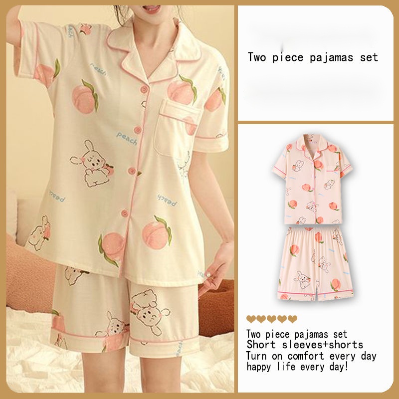 Bộ Đồ Ngủ Cotton Ngắn Tay Dáng Rộng Họa Tiết Hoạt Hình Theo Phong Cách Mùa Hè Hàn Quốc Dành Cho Nữ