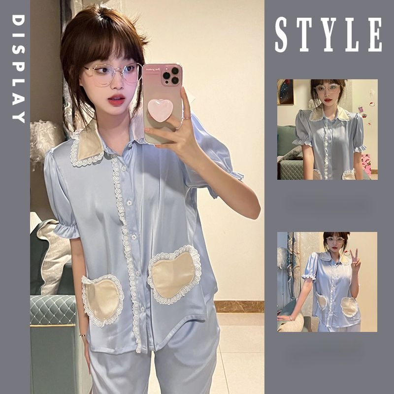 Bộ Đồ Ngủ Tay Ngắn Chất Lụa Phối Ren Phong Cách Pháp Thời Trang Mùa Hè Xinh Xắn Cho Nữ