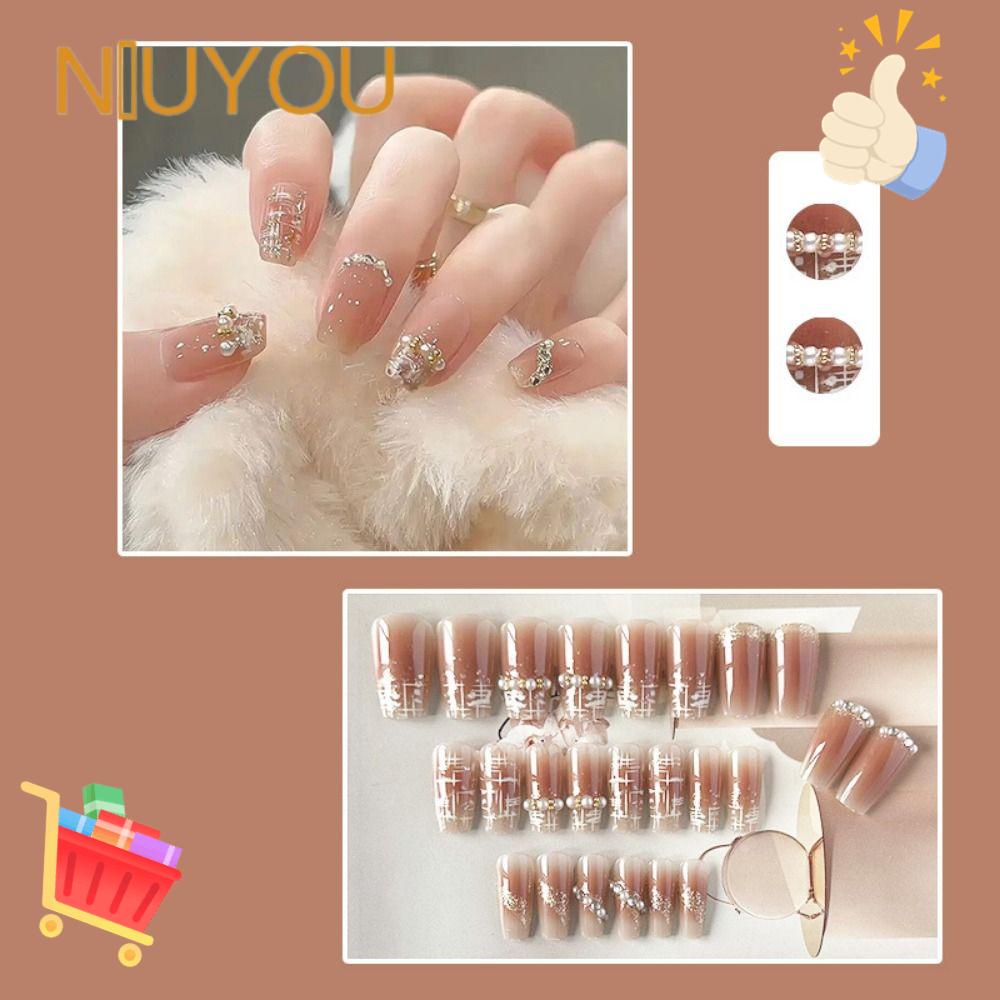 NIUYOU Móng Tay Giả Đính Ngọc Trai Đầu Vuông Dài Vừa Thời Trang Cho Nữ