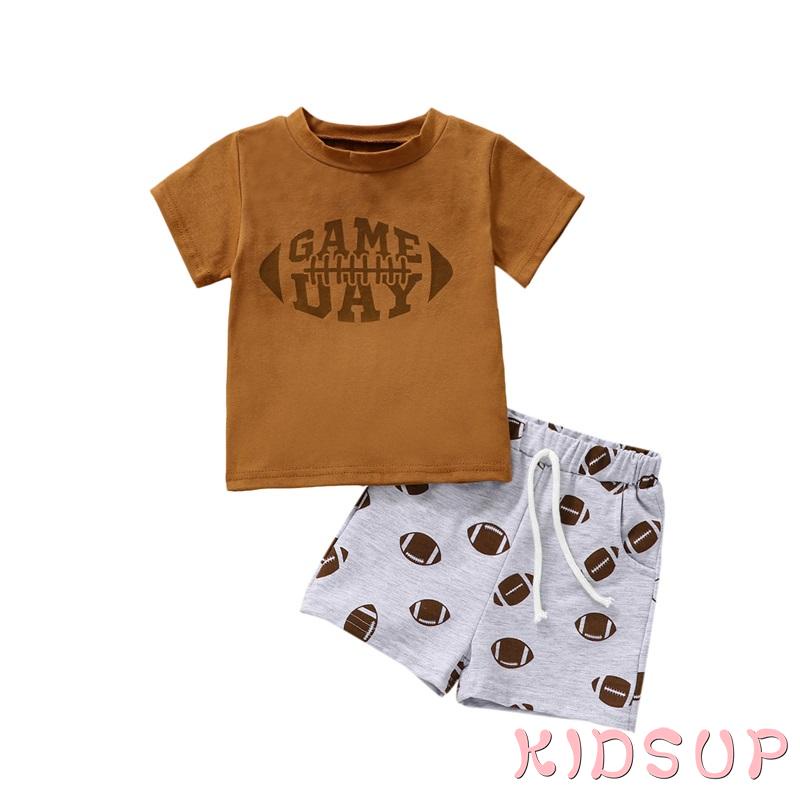 Set Áo Thun Cộc Tay In Chữ + Quần Short Màu Nâu Cho Bé 1 Tuổi