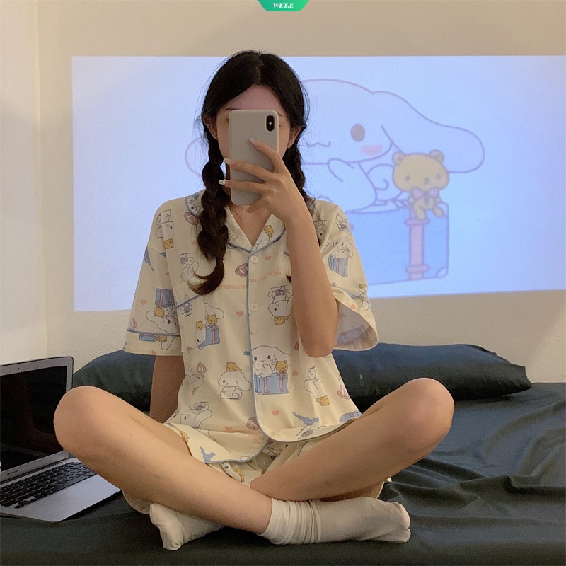 SANRIO Bộ Đồ Ngủ Tay Ngắn In Hình Cinnamoroll Dễ Thương Phong Cách Hàn Quốc Thời Trang Mùa Hè Cho Nữ