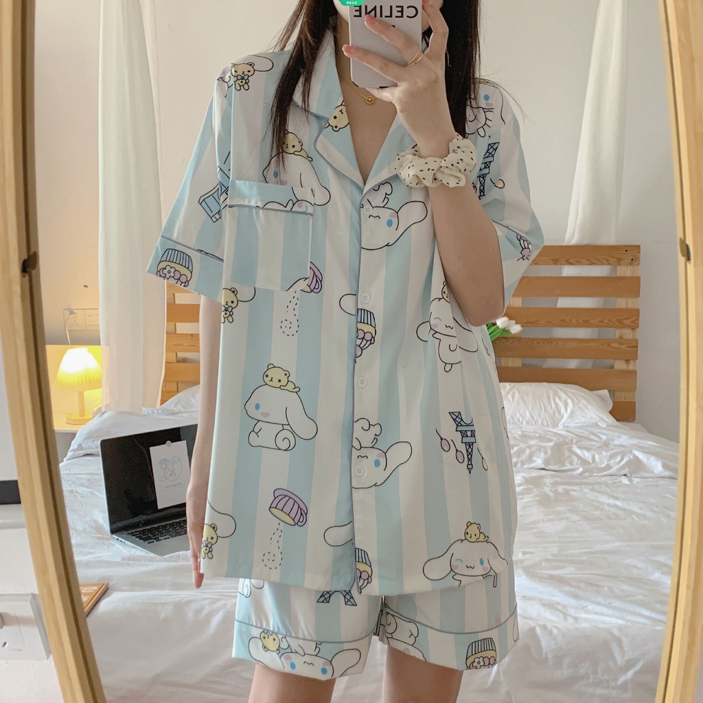SANRIO Bộ Đồ Ngủ Họa Tiết Sọc Hoạt Hình Phong Cách Nhật Bản Thời Trang Mùa Hè Cho Nữ
