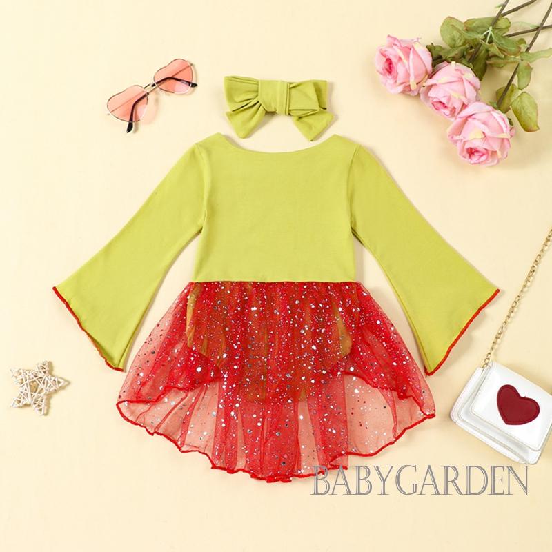 Bộ Áo Liền Quần Tay Dài In Họa Tiết Trái Tim Phối Băng Đô Đính Kim Sa Dễ Thương Cho Bé Gái 0-24 Tháng Tuổi