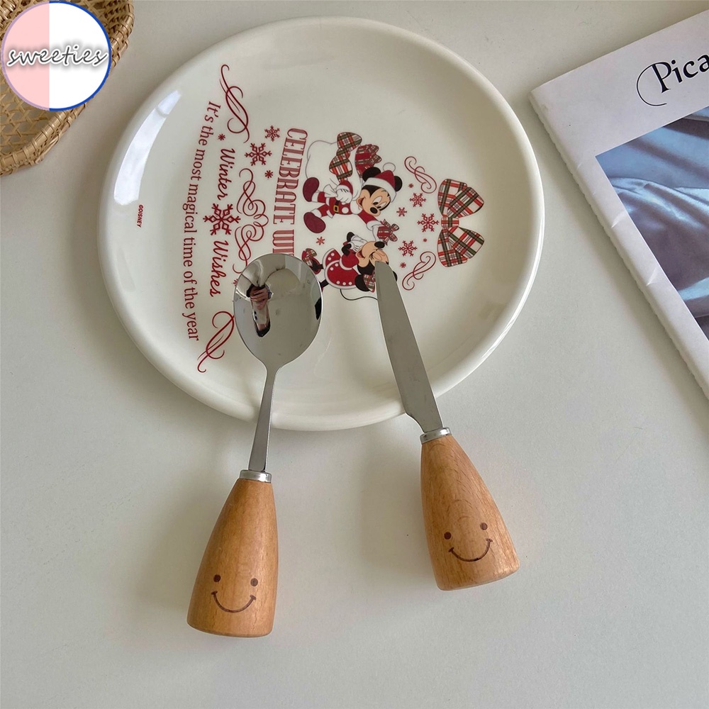 Bộ Muỗng Nĩa Bằng Thép Không Gỉ Tay Cầm Gỗ Mặt Hoạt Hình Phong Cách Nhật Bản Dành Cho Trẻ Em