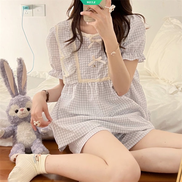 Bộ Đồ Ngủ Áo Tay Ngắn Phối Quần Short Họa Tiết Caro Dễ Thương Thời Trang Mùa Hè 2023 Cho Bạn Gái