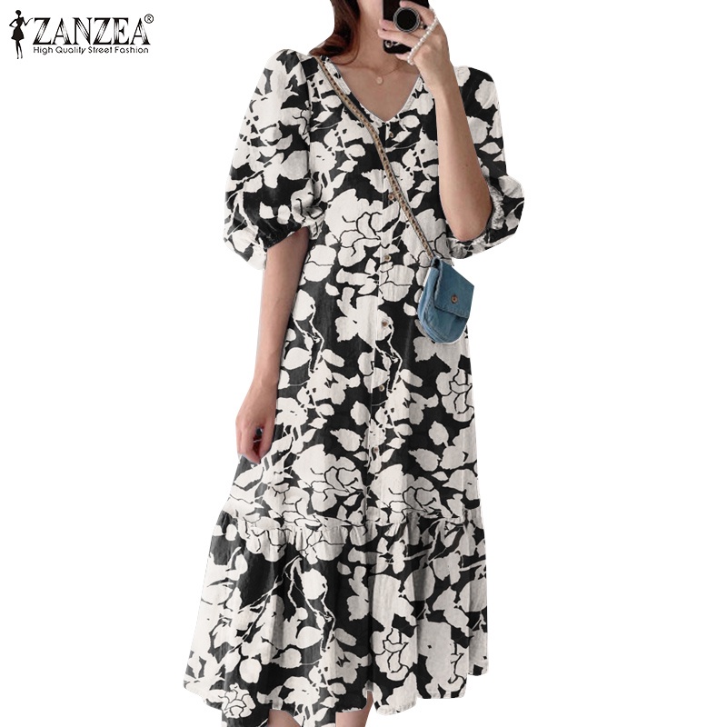 ZANZEA Đầm Tay Lửng Cổ Chữ V In Họa Tiết Thời Trang Hàn Quốc Cho Nữ