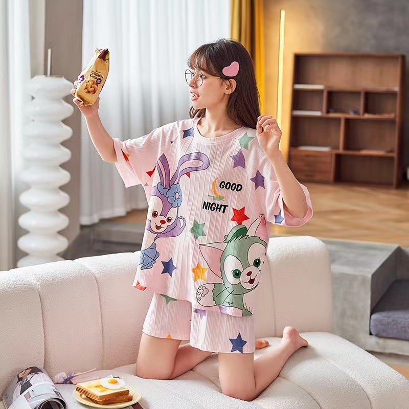 Bộ Đồ Ngủ Ngắn Tay In Họa Tiết Hoạt Hình Xinh Xắn Theo Phong Cách Mùa Hè