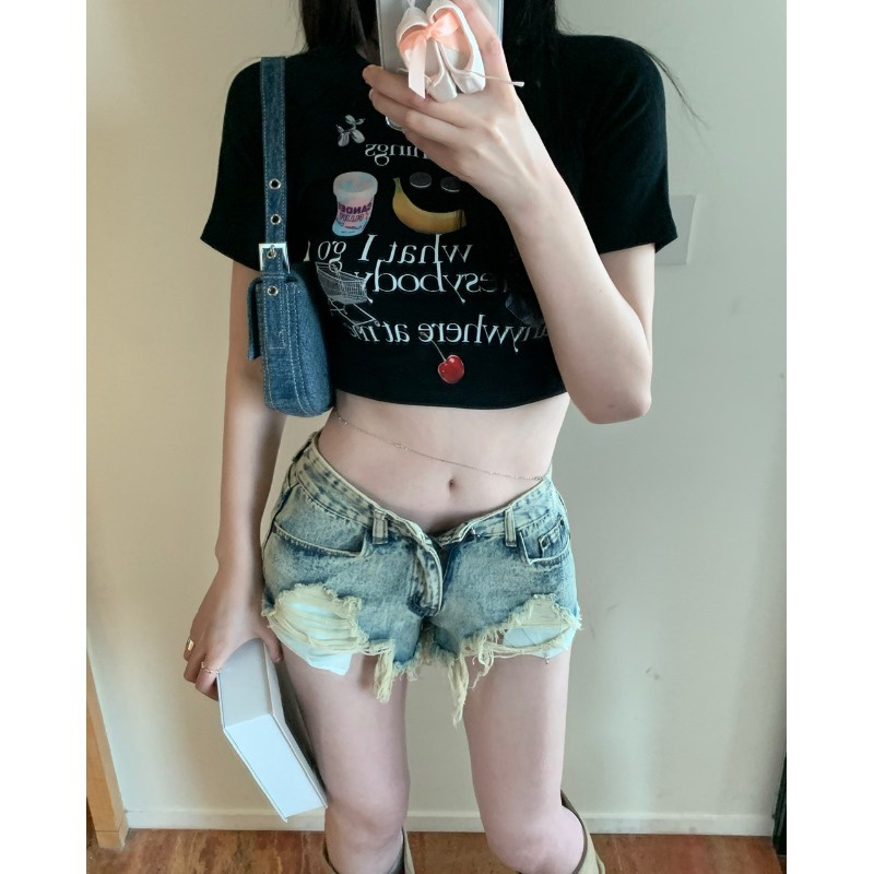 SUXI Áo Thun Croptop Cotton Tay Ngắn Cổ Tròn Dáng Ôm In Họa Tiết Thời Trang Quyến Rũ Cho Nữ