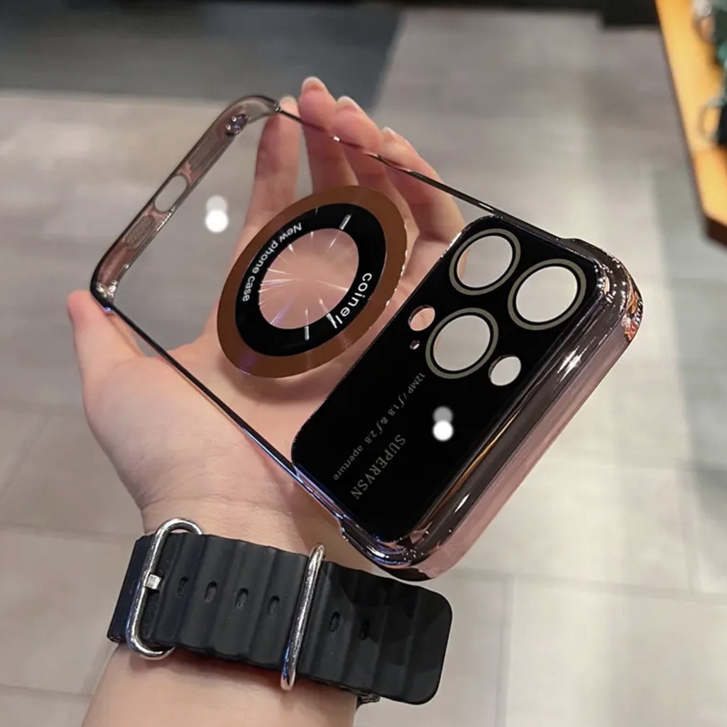 Ốp Điện Thoại PC Cứng Trong Suốt Siêu Mỏng Không Viền Dọc Kèm Móc Xỏ Ngón Nam Châm Cho iPhone14 13 12 11 Pro Max 14 Chống Sốc