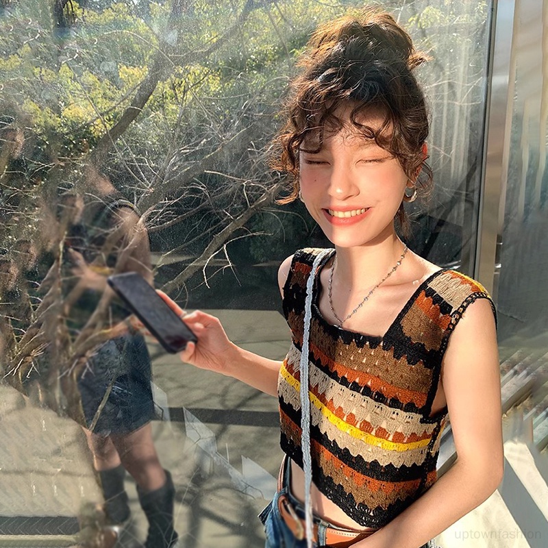 Áo Dệt Kim Hai Dây Cổ Vuông Họa Tiết Kẻ Sọc Cầu Vồng Phong Cách Cổ Điển Thời Trang Mùa Hè Xinh Xắn Cho Nữ