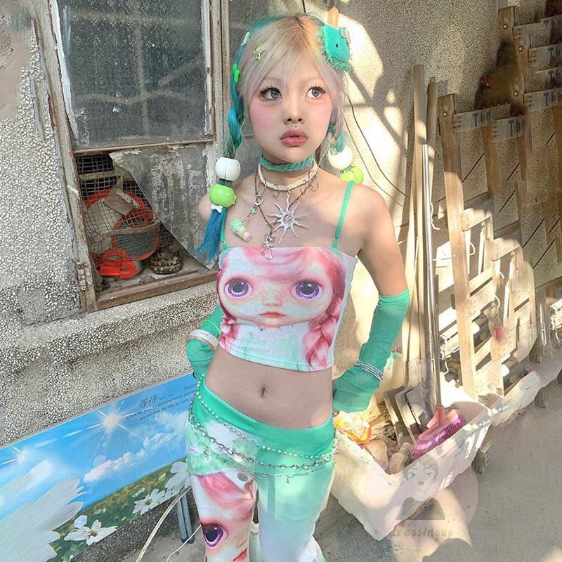 Áo Tank Top Nữ In Hình Búp Bê Với Tay Áo Và Quần Lưng Thấp