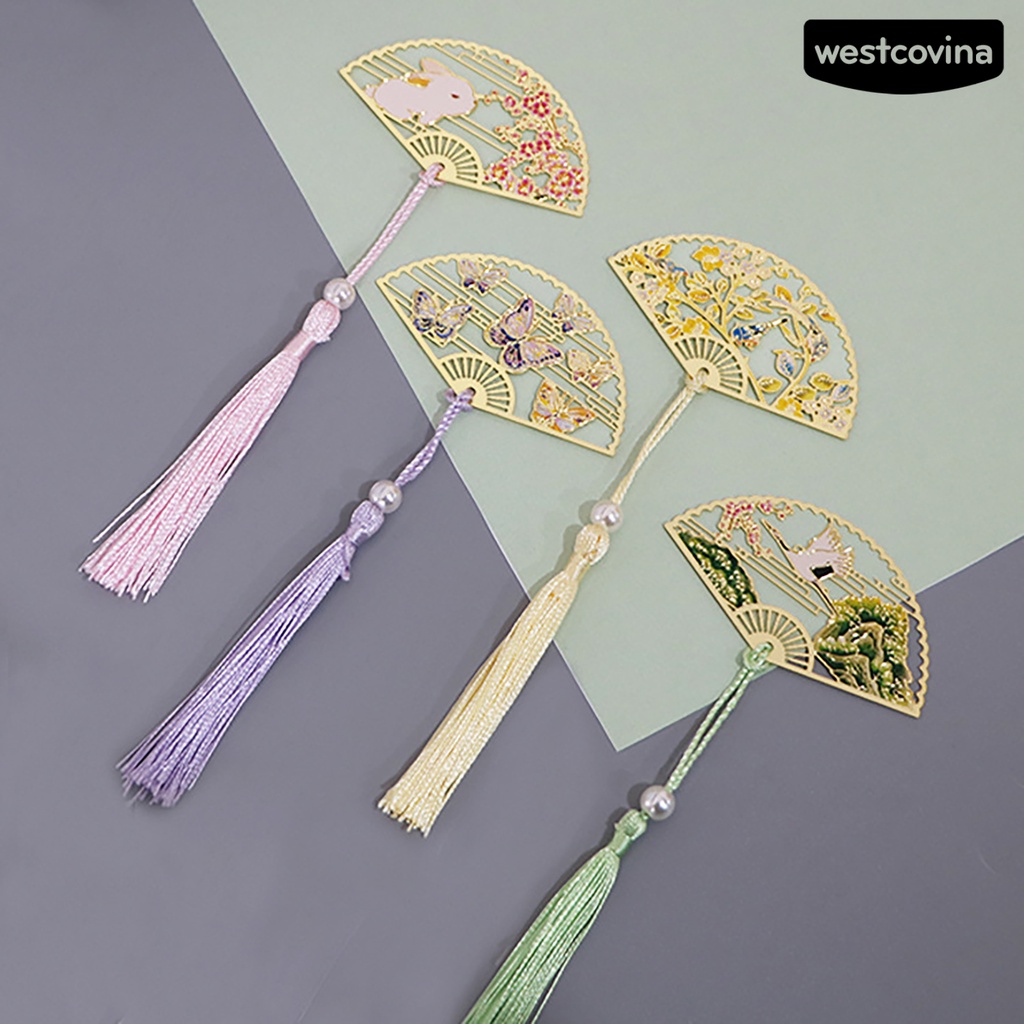[WSTN]✎Thẻ Đánh Dấu Sách Mạ Điện Hình Quạt Phong Cách Trung Hoa