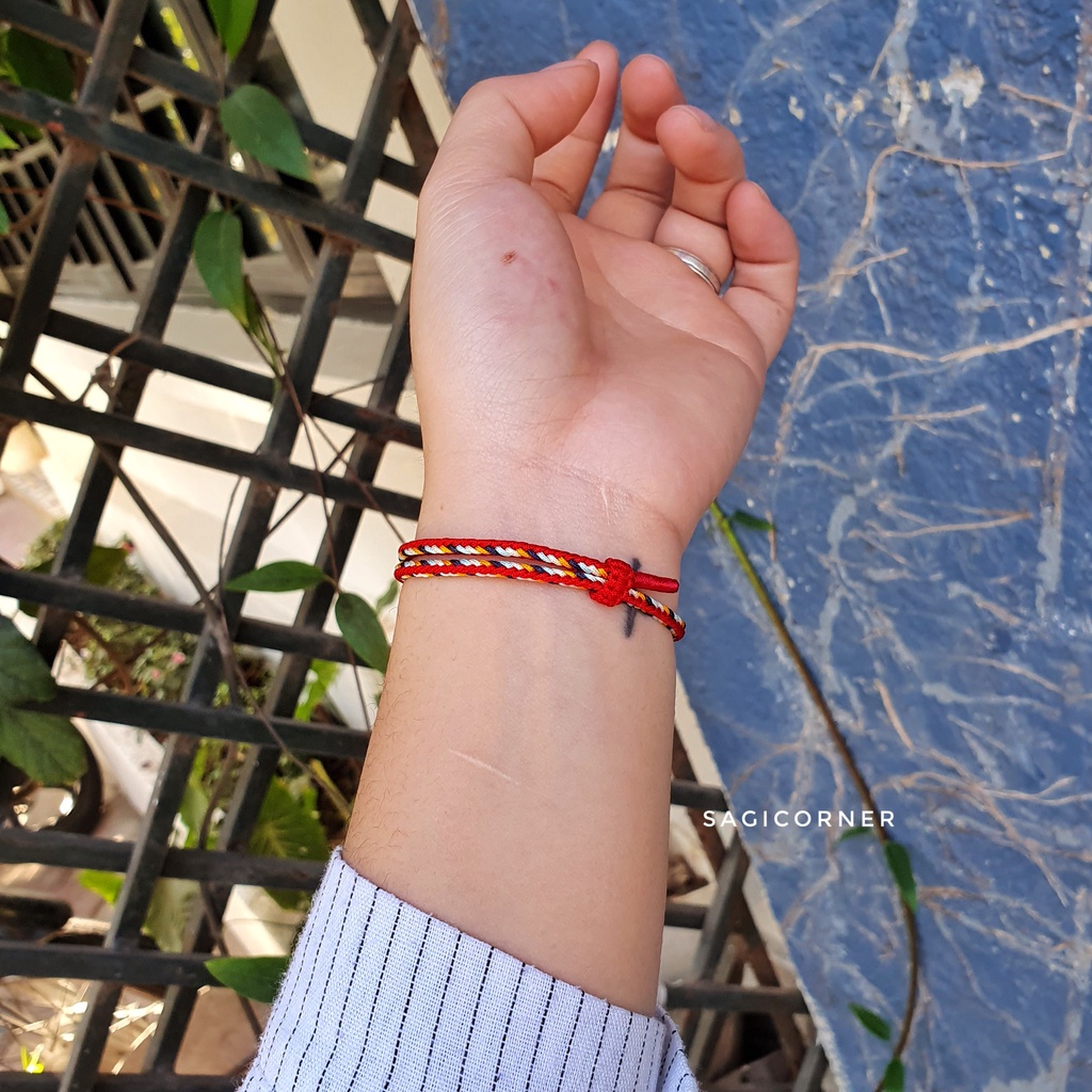 Vòng tay may mắn chỉ đỏ + xanh biển, vàng cam | Vòng ngũ sắc handmade