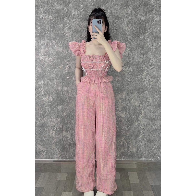 SET QUẦN SUÔNG ÁO KẺ HỒNG TAY CÁNH TIÊN NƠ TRẮNG alohashop91