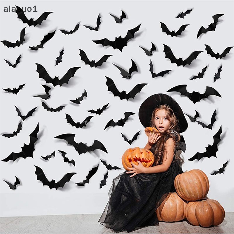 Bộ 12 Miếng Dán PVC Hình Dơi 3D Màu Đen Trang Trí Tiệc Halloween