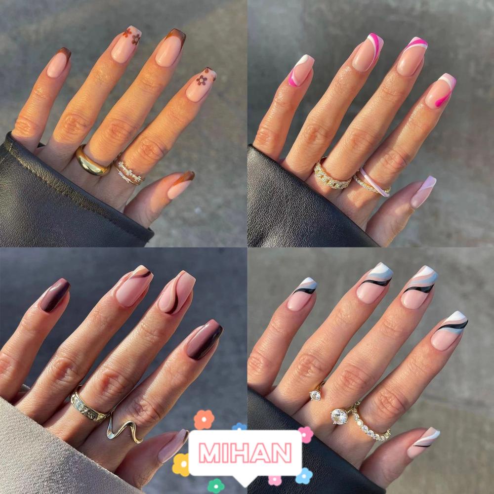 MIHAN1 Hộp 24 Móng Tay Giả Đầu Vuông Trang Trí Nghệ Thuật