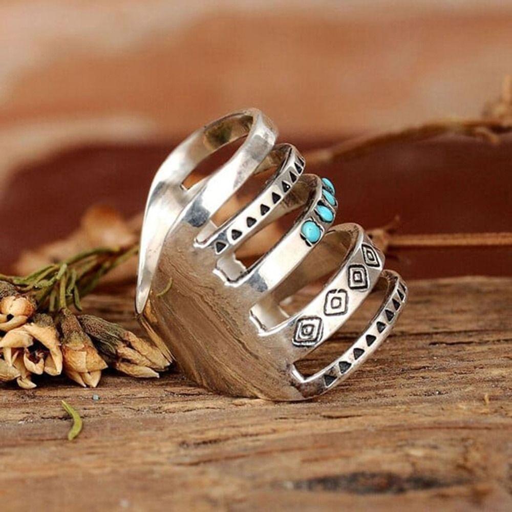 WONDER Set 2 Nhẫn Hở Chạm Khắc Đính Đá Ngọc Lam Phong Cách Bohemian Thanh Lịch Thích Hợp Làm Quà Cưới Cho Bạn Gái
