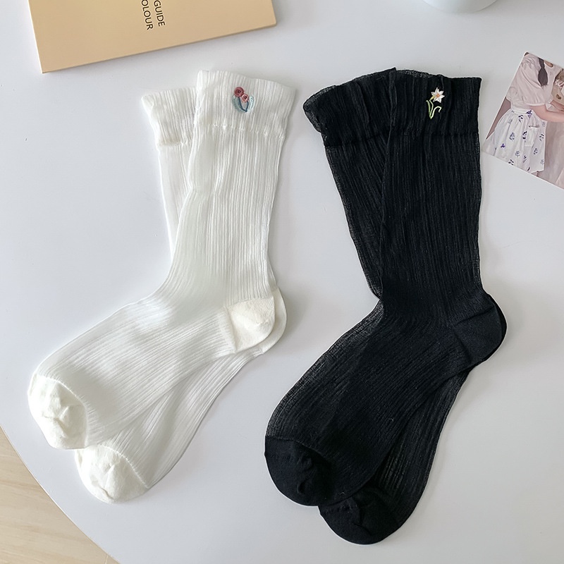 Vớ Lụa Mỏng Màu Trơn Thêu Họa Tiết Hoa Xinh Xắn Thời Trang Mùa Hè Cho Nữ