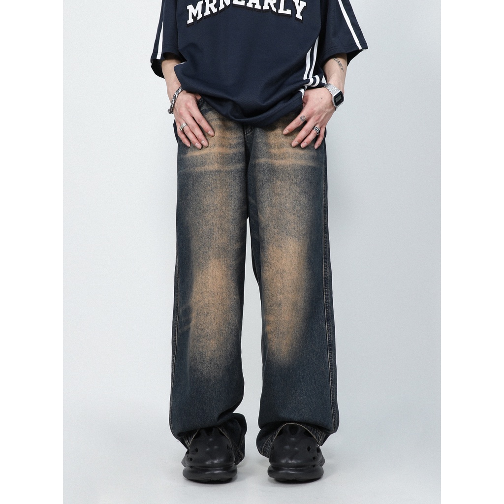 Quần Jean Dài Ống Đứng Phong Cách Retro Đường Phố Mỹ Cá Tính Cho Nam