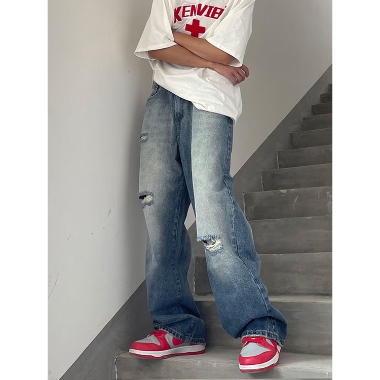 Quần Jean Dài Dáng Suông Rộng Rách Gối Co Giãn Tốt Thời Trang Cho Nam