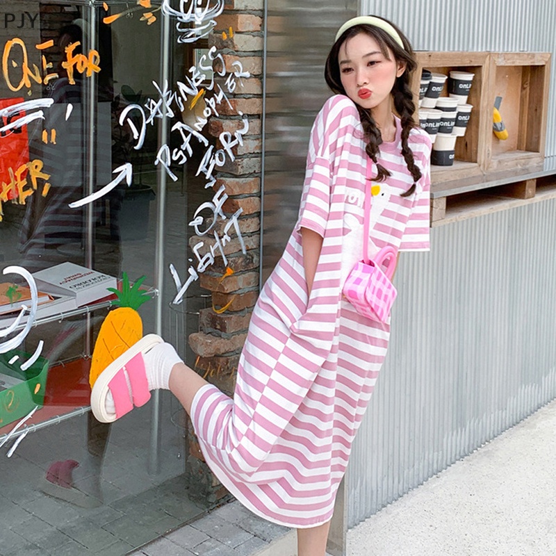 Đồ ngủ Ngắn Tay Cổ Tròn Form Rộng Họa Tiết Kẻ Sọc Cho Nữ