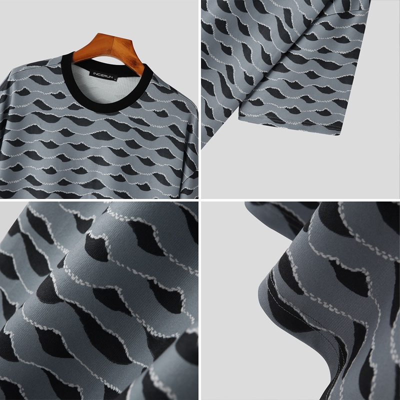 INCERUN Áo Thun Tay Ngắn Họa Tiết Gợn Sóng Màu Trơn Thời Trang Cho Nam