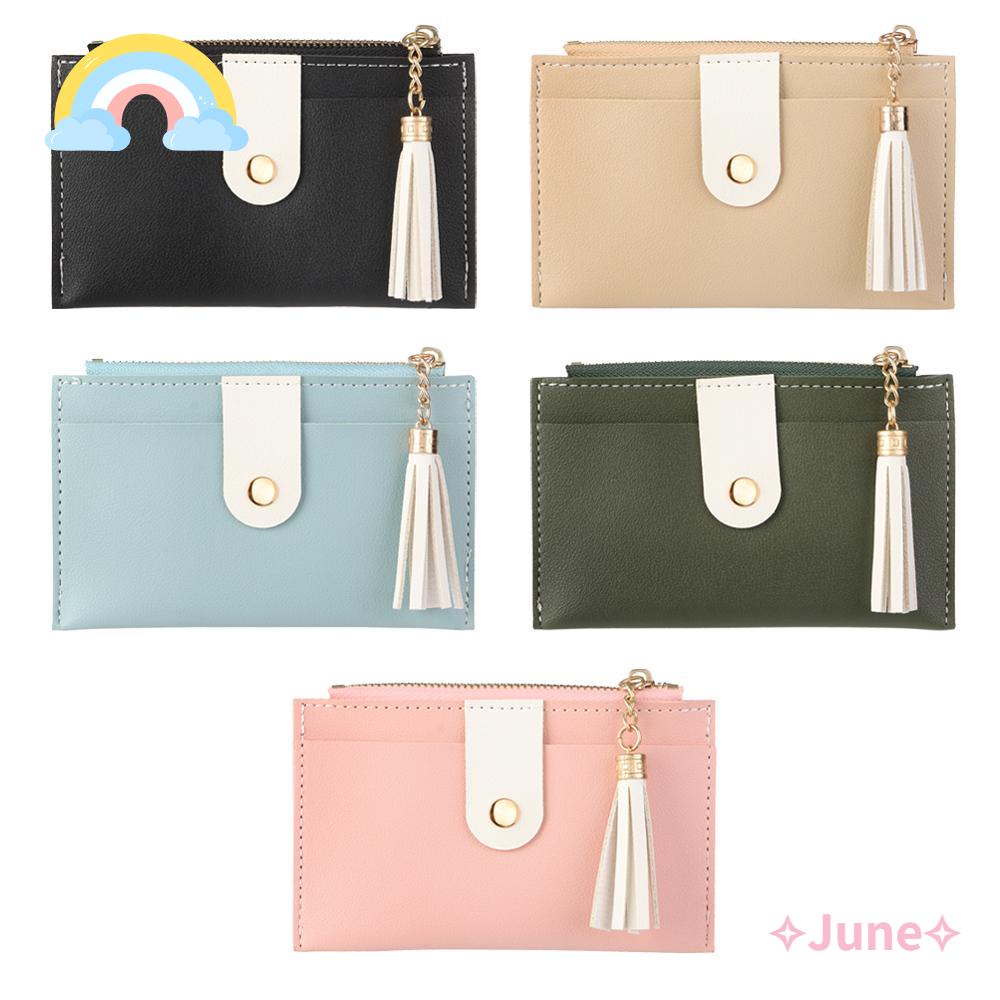 JUNE Ví Da PU Mini Màu Trơn Thời Trang Cho Nữ