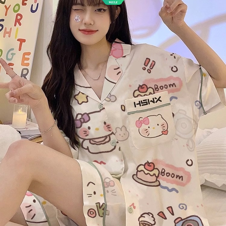 SANRIO Bộ Đồ Ngủ Dáng Rộng In Hoạt Hình Hello Kitty Kiểu Nhật Bản Thời Trang Mùa Hè Cho Học Sinh