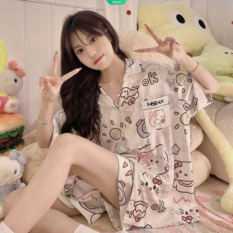 SANRIO Bộ Đồ Ngủ Ngắn Tay Họa Tiết Hello Kitty Thời Trang Mùa Hè 2023 Dành Cho Nữ