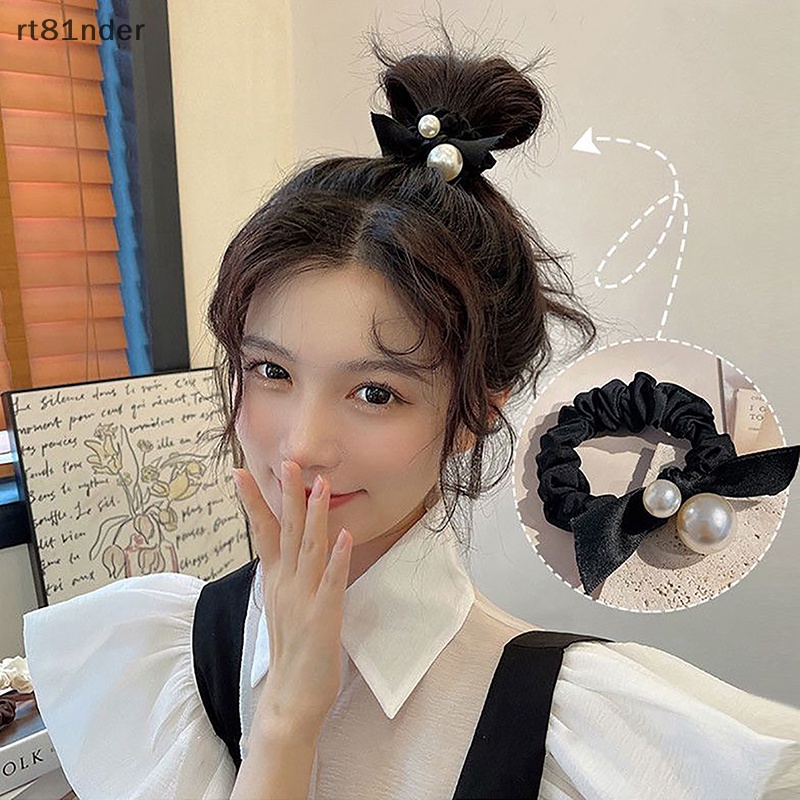 Dây Buộc Tóc Nhung Co Giãn Đính Hạt Ngọc Trai Đen Đơn Giản