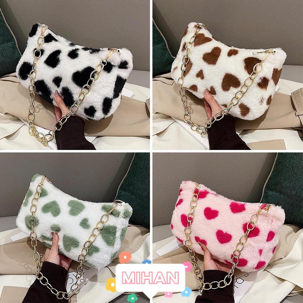 MIHAN1 Túi Xách Đeo Vai Phối Lông Kiểu Dáng Nhỏ Nhắn Xinh Xắn