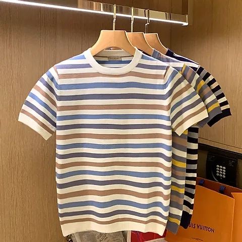 Áo Sweater Cổ Tròn Họa Tiết Kẻ Sọc Màu Tương Phản Thân Thiện Với Da Mềm Mại Phong Cách Âu Mỹ Thời Trang Mùa Hè Cho Nam