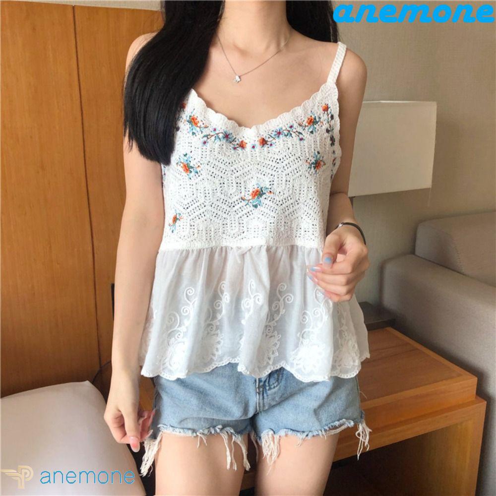 ANEMONE Áo Dệt Kim Hai Dây y2k Thêu Hoa Thời Trang Mùa Hè
