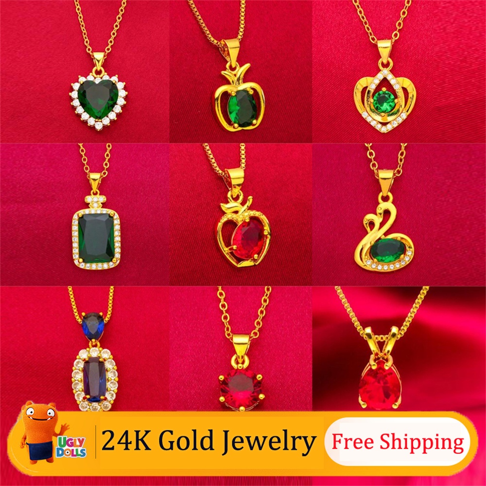 Dây Chuyền Mạ Vàng 24K Mặt Hình Trái Tim Đính Đá Quý Nhân Tạo Thời Trang Dành Cho Nữ