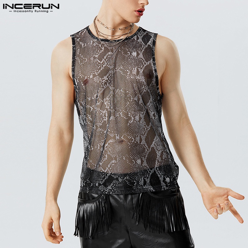 Áo Ba Lỗ Lưới Nhẹ Trong Suốt INCERUN Họa Tiết Da Rắn Cổ Tròn Cổ Điển Cho Nam